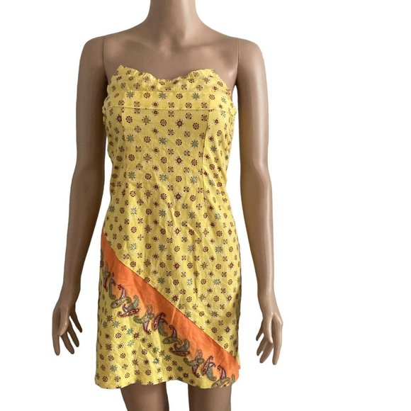 Vintage Y2K Rampage Sundress Womens Size 5 Yellow Strapless Floral Pattern - Picture 1 of 11